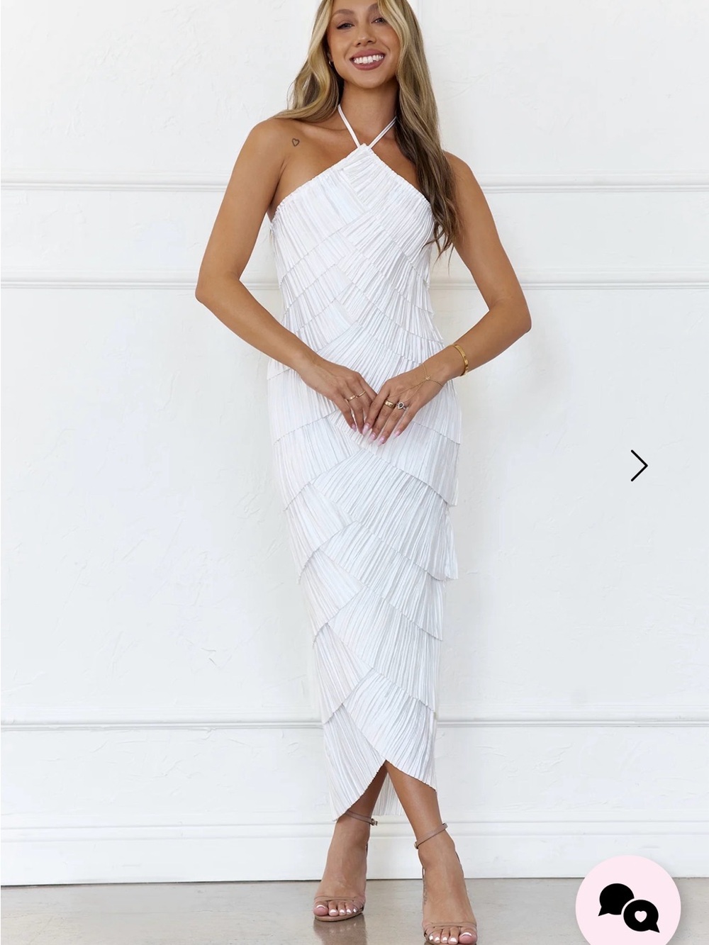 Hello Molly White Pleated Halter Tiered Midi Dress